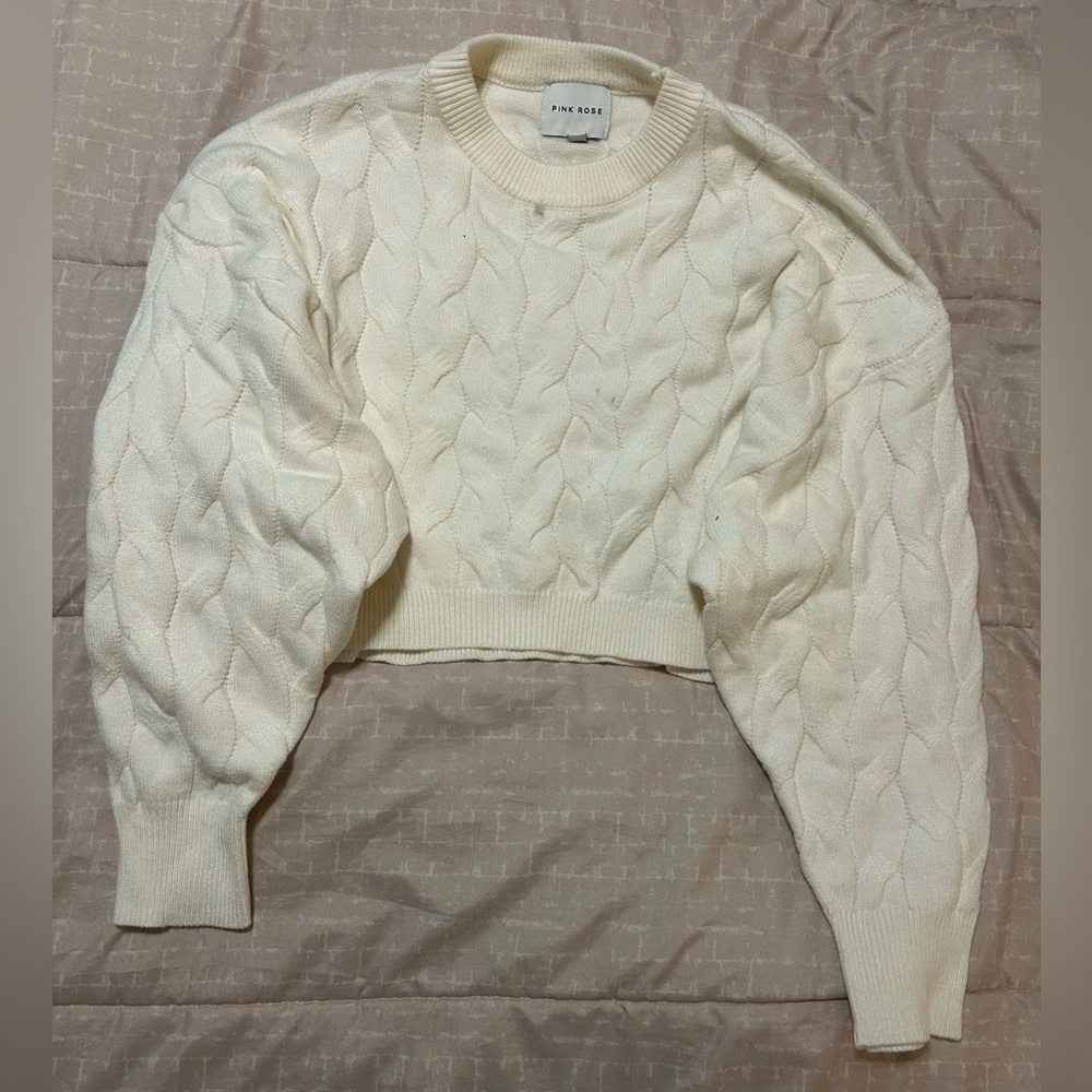 White knit sweater, slightly cropped